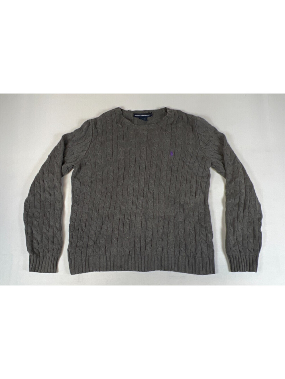 Ralph Lauren Sport Women XL Grey Cable Knit Cotton Crewneck Pullover Sweater